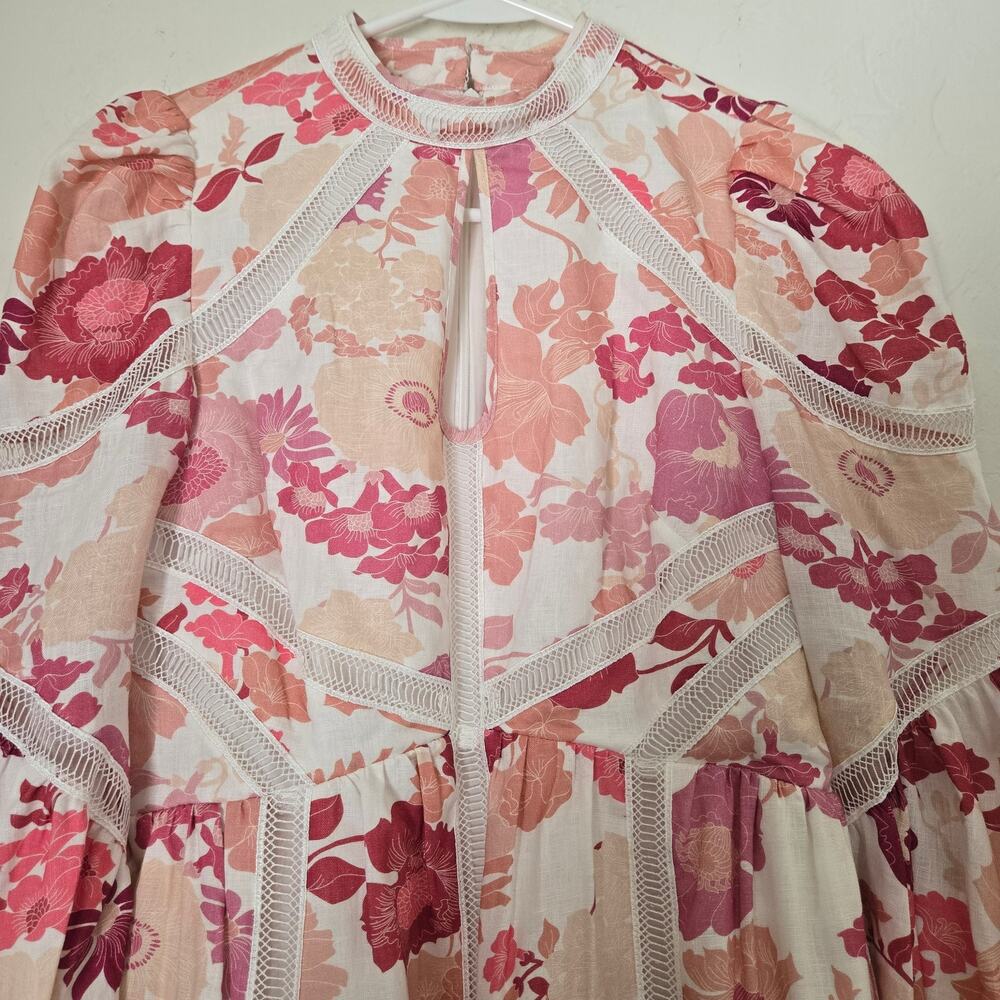 Ted Baker Denissa Linen Floral Midi Dress Pink Lace Cut Out Bishop Sleeve US 6 - Picture 10 of 15
